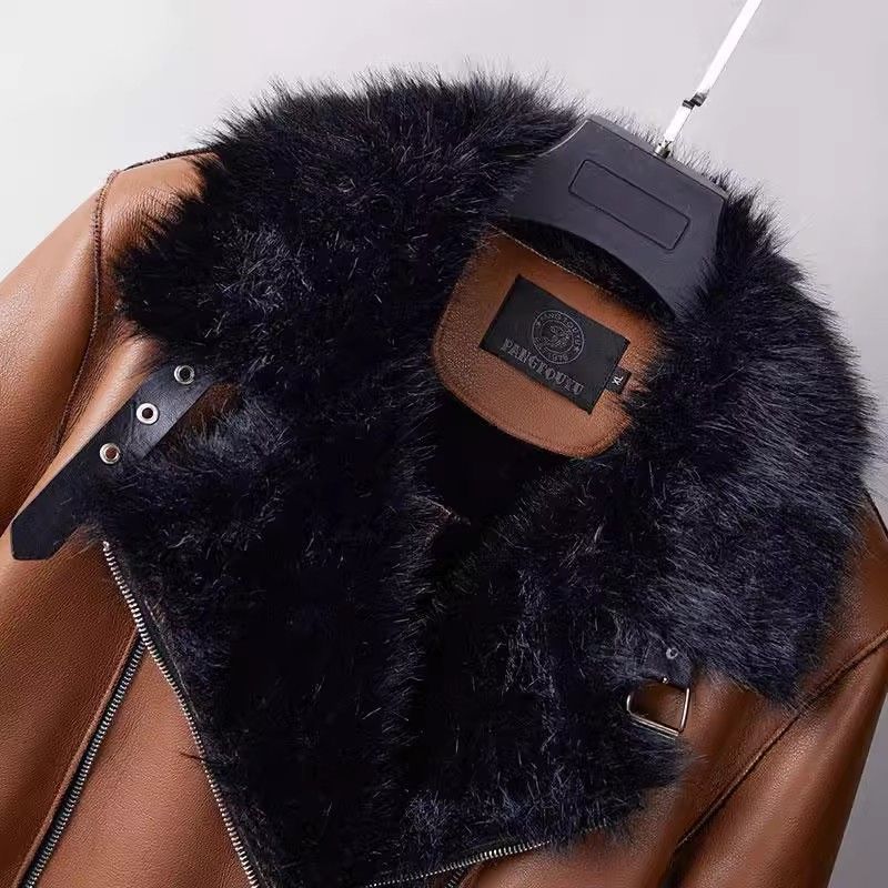 Autumn Winter Women's Leather Coat Thick Warm Mid-length Fleece-lined PU Leather Coat