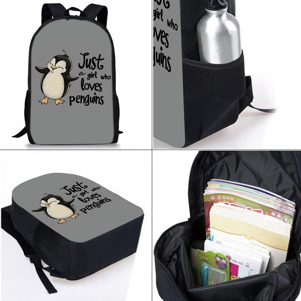 Penguin Print Three Piece Backpacks Set for Boy and Girls Best Gifts 2D Flat Cartoon School Bag for Children