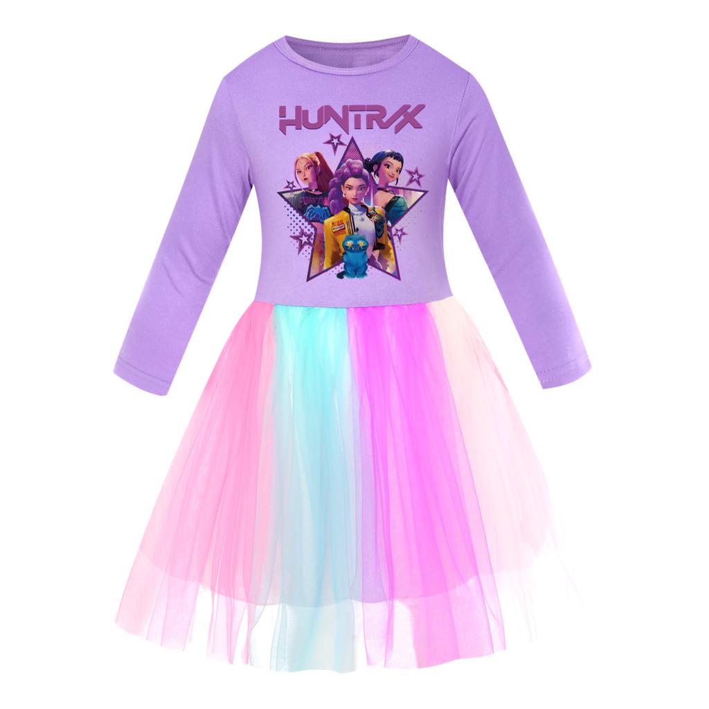 Rochie Kpop vânătoare de vrăjitoare grup de fete cu mânecă scurtă, gât rotund, dantelă stea curcubeu