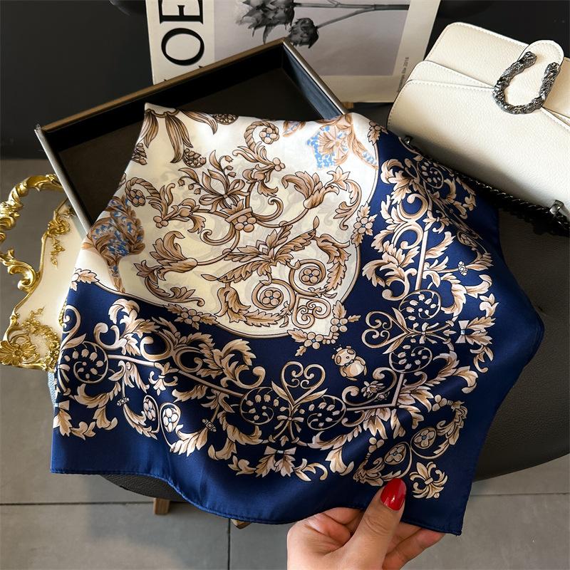 Spring/Summer New70*70cm Square Scarf Breathable Flower  Print Neckerchief Women’s Classical Imitation Silk Bandannas