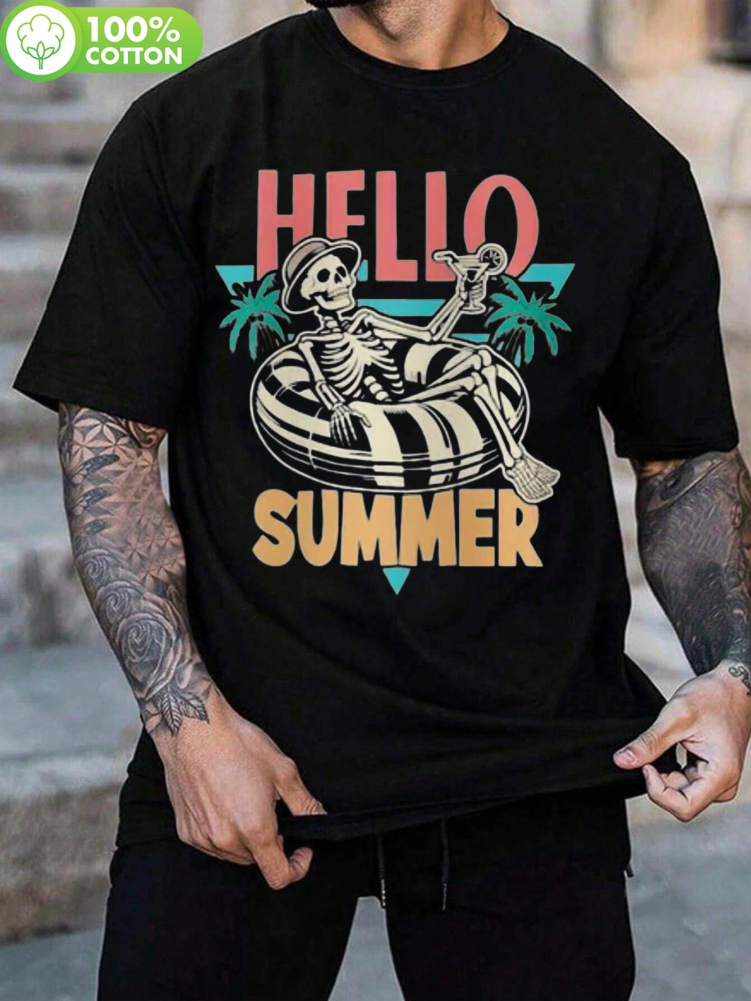 

Hello Summer Cotton T-shirt - Casual Round Neck Tee with Skeleton in Lounge Chair & Palm Tree Design XXXXL