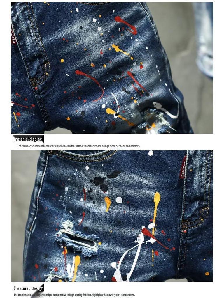 Męskie dżinsowe szorty z efektem rozpryskującej się farby - Modny krój slim fit, średniej długości, styl koreański, letnie obcisłe uniwersalne.