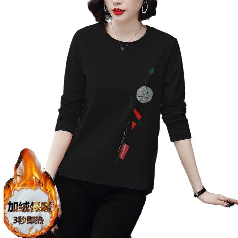 Fleece-Wärme und Vielseitigkeit Übergröße Damen-T-Shirt Damen-Top, Frühling, Herbst und Winter langärmlige Herbstkleidung, lockeres Basic-Shirt