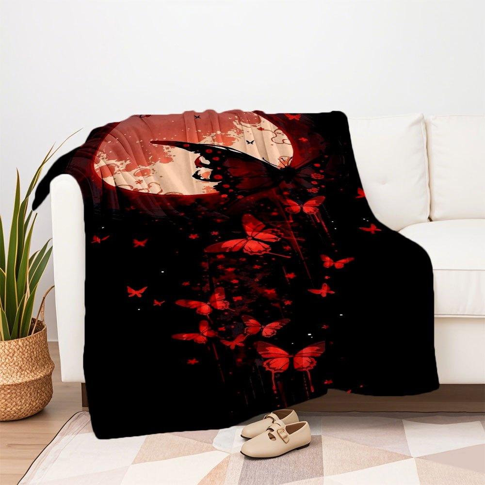 "Red Butterfly Moonlit Night Wall Art Print"Blanket Flannel Throw Blanket for Sofa, Bed, Travel, Camping, Office