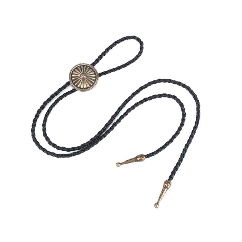 Mens Bolo Tie Necktie Faux Leather Braided Rope Necklace with Metal Round Flower Pendant Jewelry Cowboy Hat Accessories
