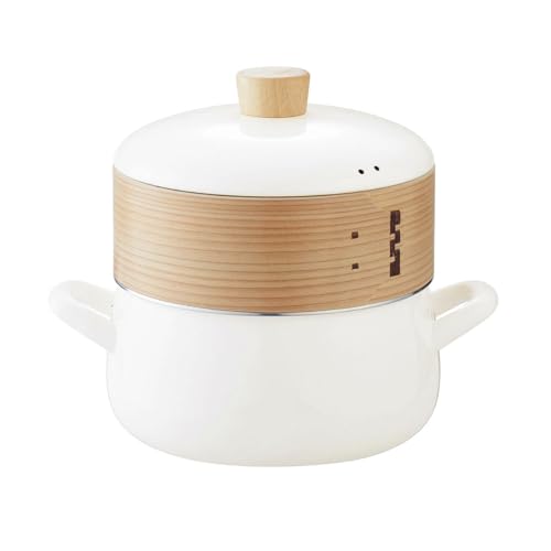 Эмалированная кастрюля Fuji Enamel с пароваркой, 20 см, белая, для приготовления на пару, подходит для прямого нагрева и индукционных плит