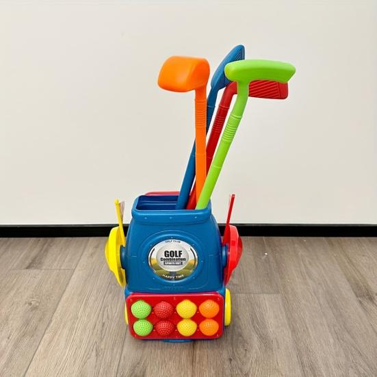 Set Cluburi de Golf pentru Copii cu Cărucior cu Bară de Tragere Set de Golf din Plastic pentru Băieți Fete Jucărie Sportivă de Interior Exterior cu 4 Cluburi 8 Mingi 2 Găuri