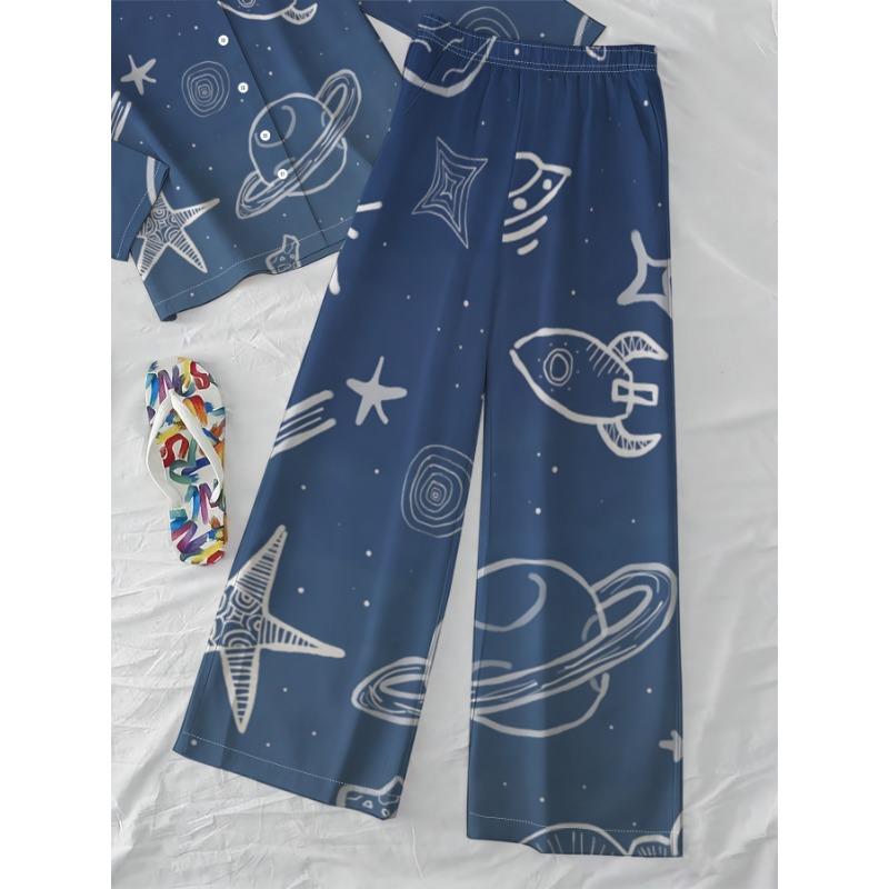 Fun Resort-style Long-sleeved Trousers Suit for Women, Blue Space Graffiti Printed Shirt, Wide-leg Trousers Two-piece Set