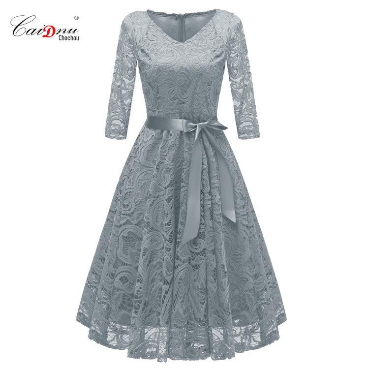 

Сукня з мереживом з V-подібним вирізом та довгими рукавами - Сексуальна та елегантна жіноча мода M сірий колір