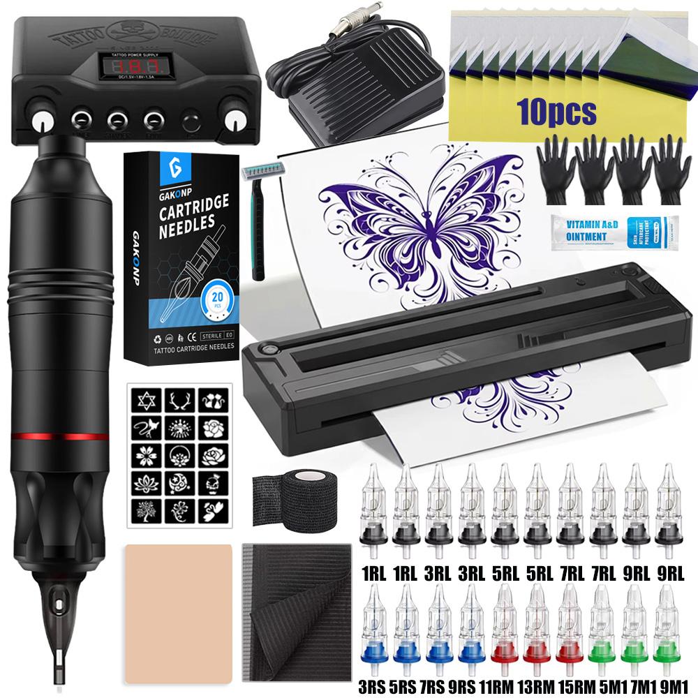 Complete Tattoo Machine Kit Set Tattoo Pen Kit with Wireless Tattoo Transfer Machine Cartridge Tattoo Needles Tattoo Kits