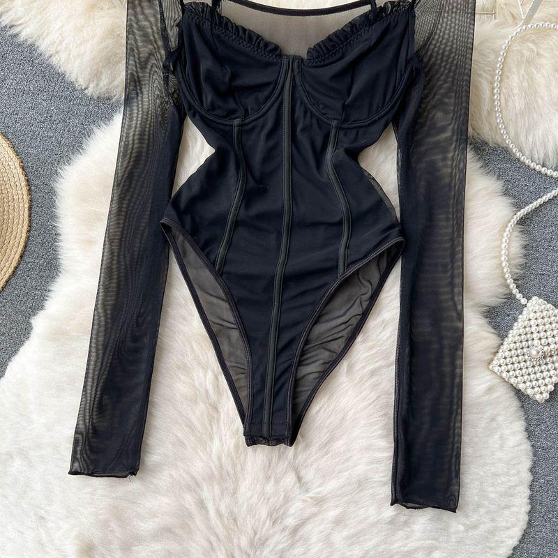 Pure Desire Wind Stitching Tube Top High Fork Jumpsuits Mesh