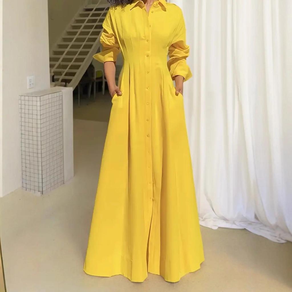 25 European and American women's clothing elegant temperament loose casual single-breasted slit shirt skirt dress long skirt