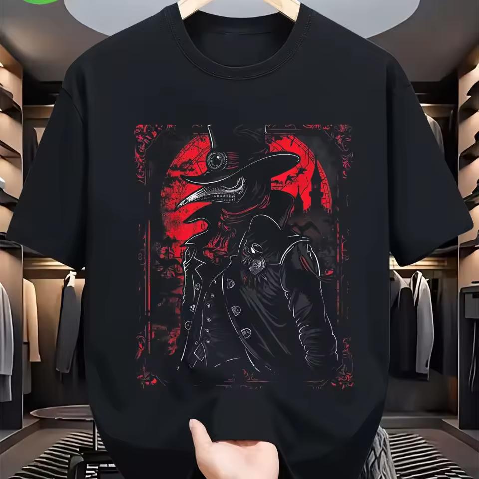 Men's Gothic Plague Doctor T-and kids tshirt 100% Cotton Soft Breathable Black with Red Plague Doctor Plague Cross Print Renaissance