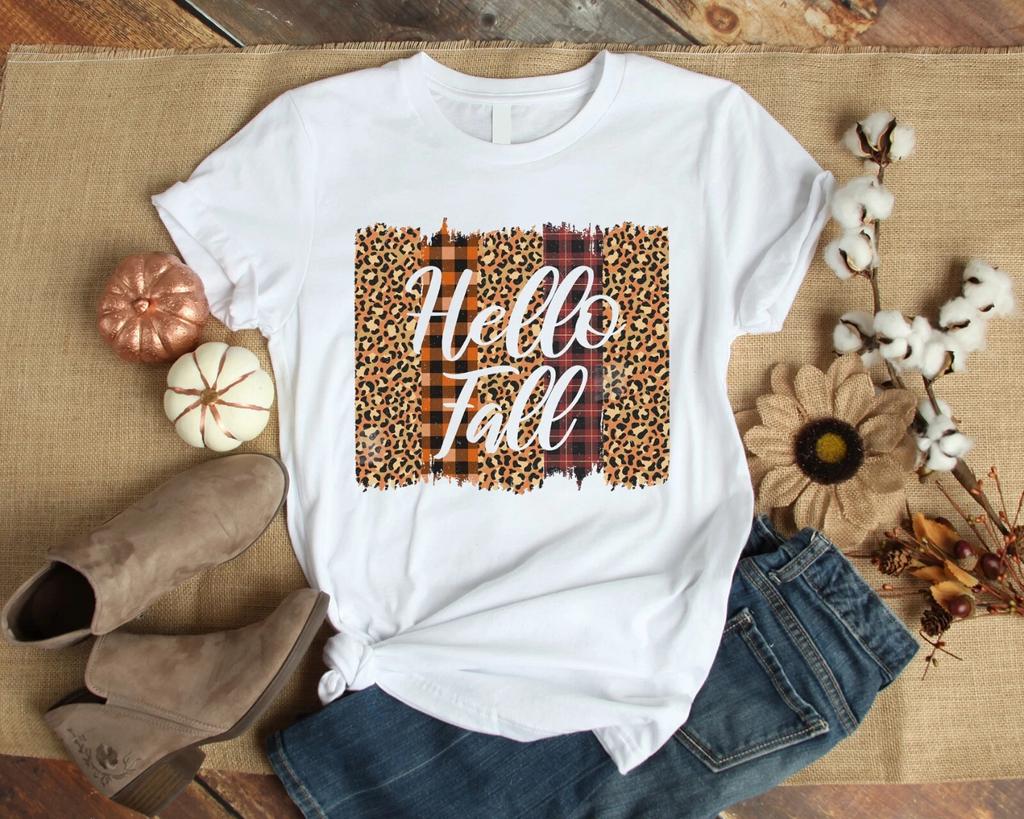 Men's and Women's T-shirts Hello Fall Leopard Buffalo Plaid Autumn Fall Gift Shirt