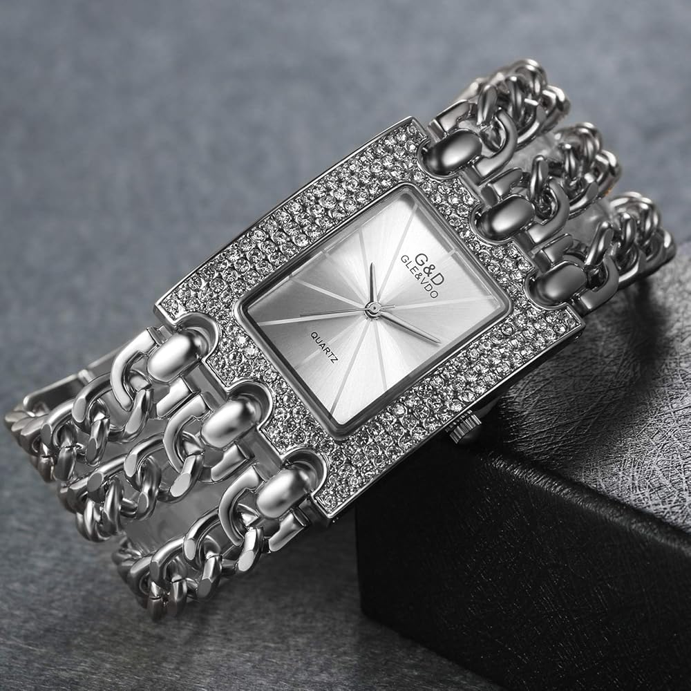 "Japanese Quartz Women's Hip Hop Square Watch with Diamond, Waterproof, Chain Band, Analog Display, Gold and Silver Fashion Accessory"