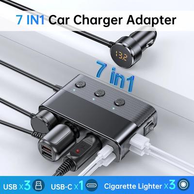 New 127w 7-in-1 Car Charger Splitter PD30w QC3.0 Cigarette Lighter Adapter Car Cigarette Lighter Socket Splitter with Switch