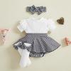 Toddler Infant Baby Girl Spring Outfit Short Sleeve Ribbed Romper Dress Bow Headband and Socks 3 Piece Set