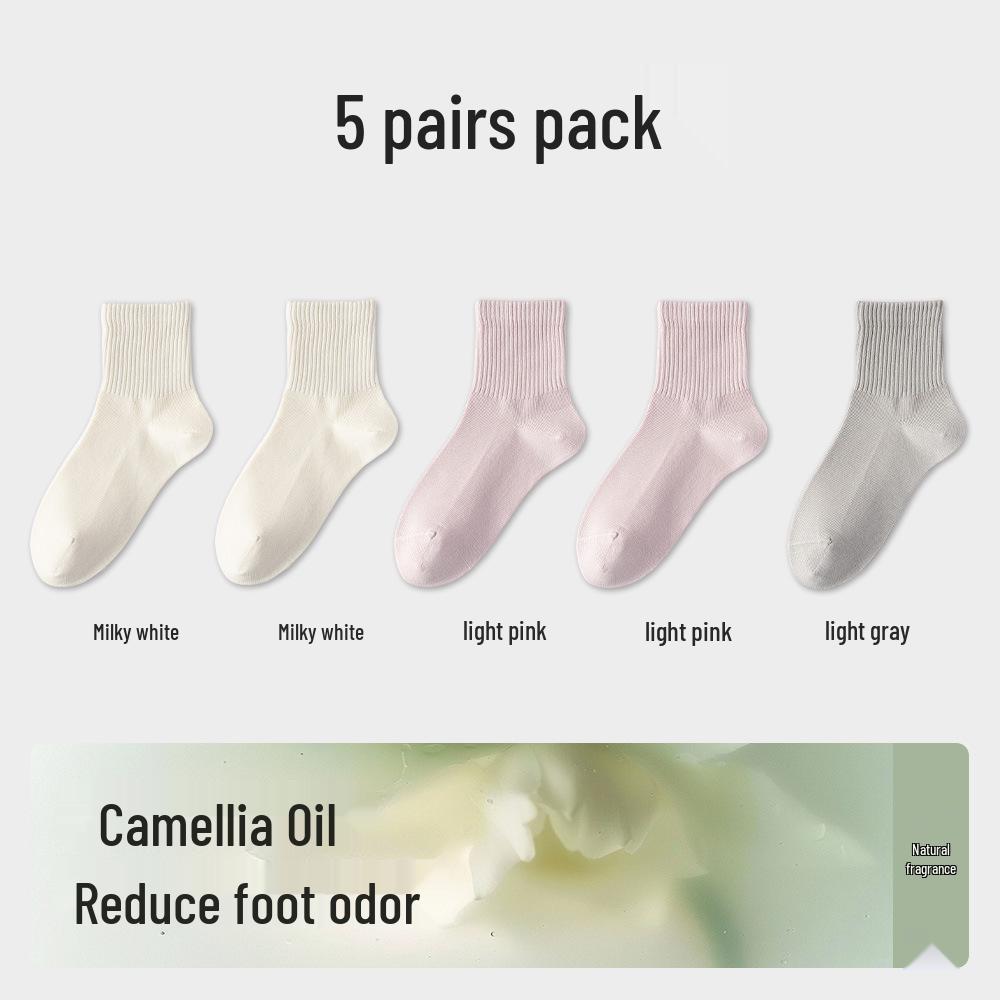 Women's Mid-Calf Camellia Essential Oil Antibacterial Cotton Socks - Solid Color, High Elasticity, for Spring & Autumn