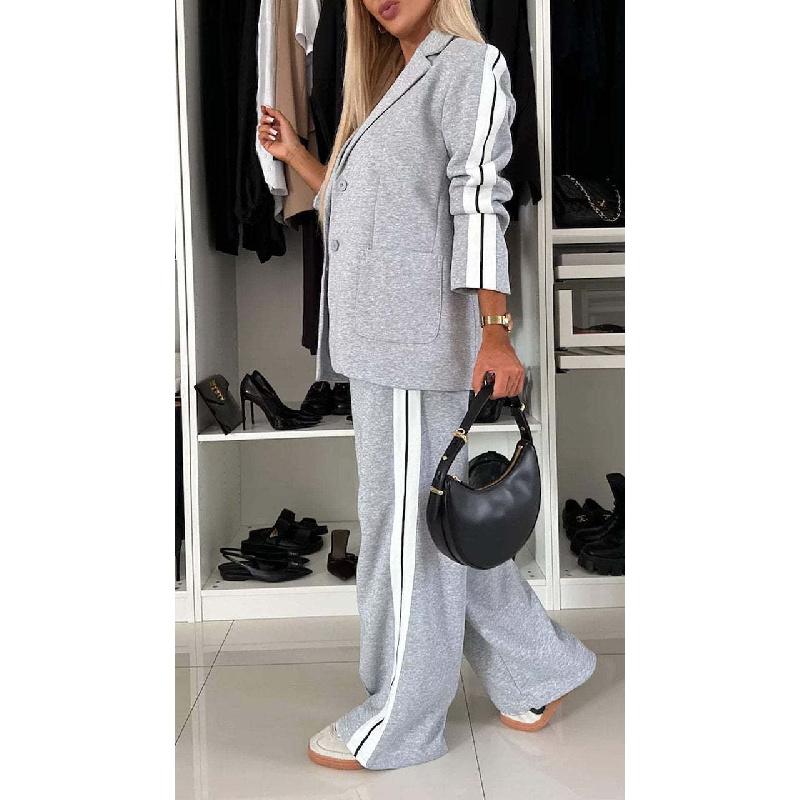 2026 New Women's Striped Long-Sleeve Lapel Casual Blazer and Trousers Set