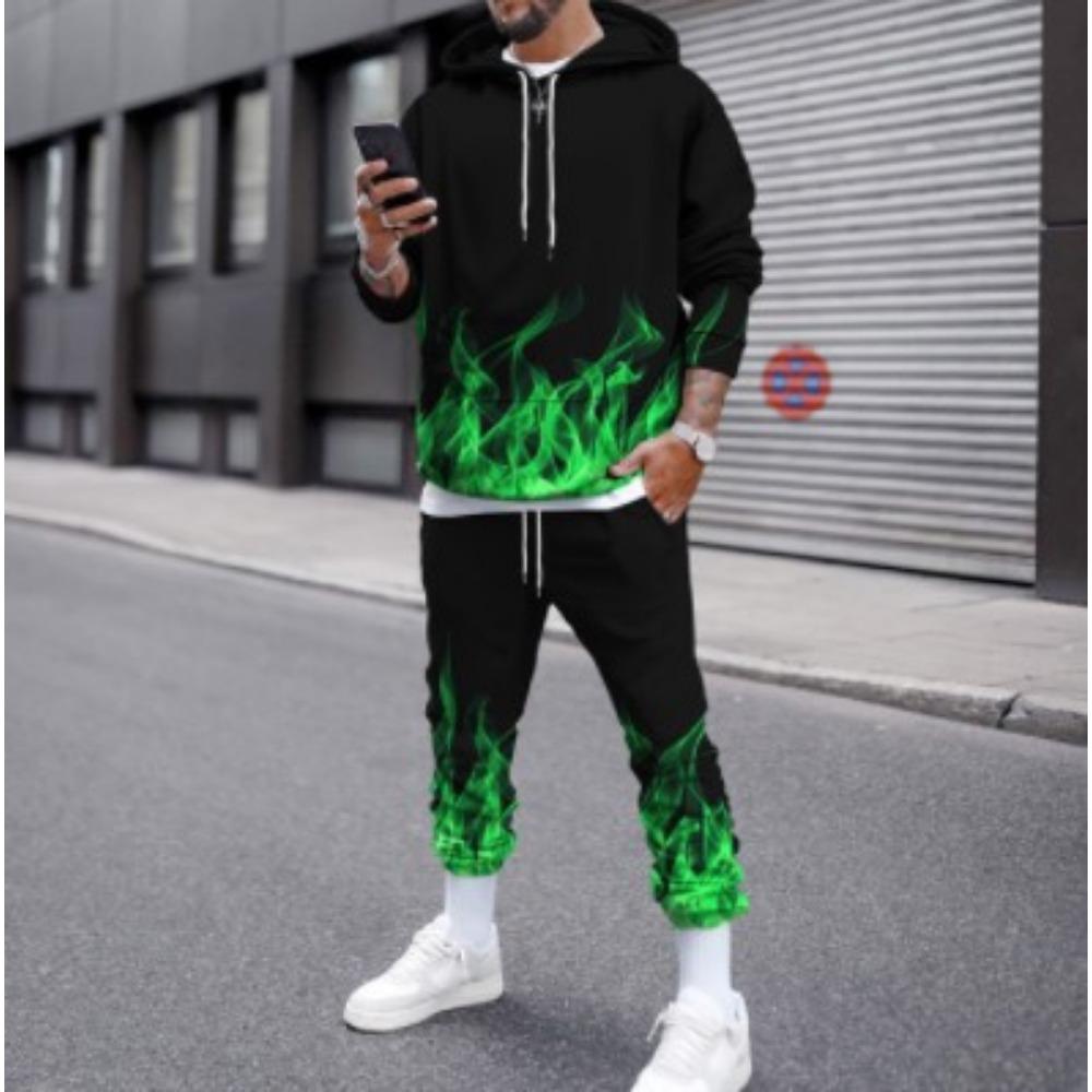 Fashion Flame 3D Print Hoodie Pant Sets Men Casual Hip-hop Sweatshirts Sweatpants Two Piece Suits Tracksuit Man Street Clothing