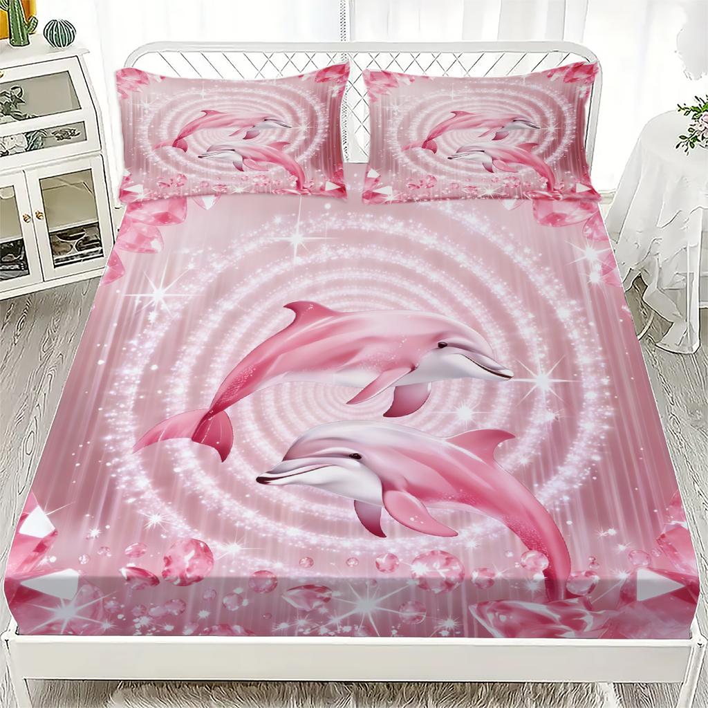 Dolphin Print Fitted Sheet Set Pink Dolphin Pattern Bedding With Pillowcases For Bedroom Decor
