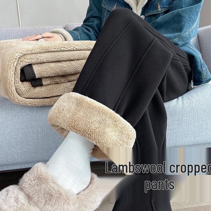 Women's Fleece-Lined Wide-Leg Pants - Autumn/Winter 2024 Lamb's Wool Straight-Leg Sportswear