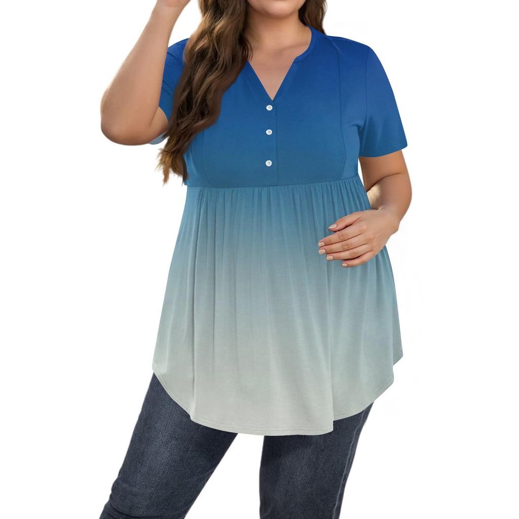 Damen Print Übergröße V-Ausschnitt Knopfleiste Lässiges Kurzarm Fließendes Top