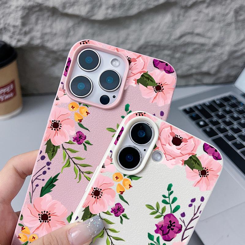 Matte Leather Texture TPU Soft Phone Case For iPhone 16 Pro Max 15 Pro 14 13 12 11 Floral Print Slim Shockproof Bumper Cover