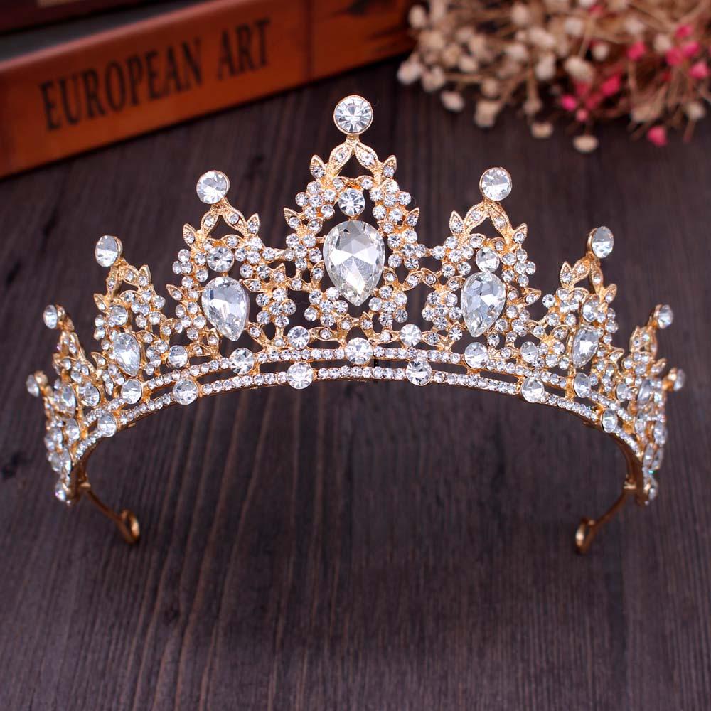 Kmvexo Vintage Gold Queen Princess Crowns  Crystal Diadem For Bridal Hair Accessories Bride Tiaras Headbands Tiara De Noiva
