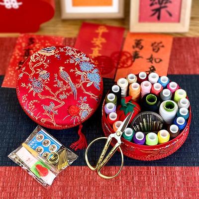 Elegant Chinese-Style Wedding Sewing Kit: Deluxe Round Needle & Thread Box Set for Dowry & Household Use