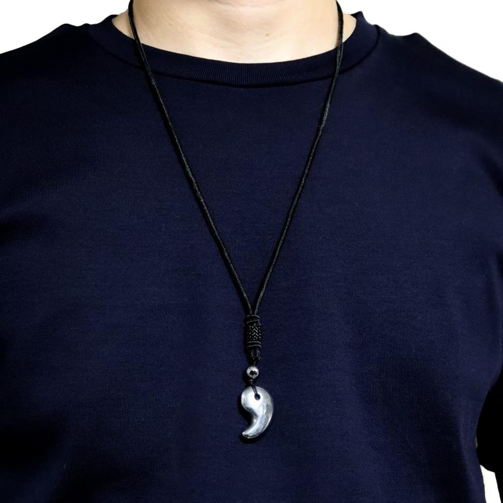 [GOLD STONE] Terahertz Ore Magatama String Necklace with 8mm Beads, Health Amulet, Terahertz Power Stone, Natural Stone Pendant