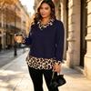 Women's Leopard Print Patchwork Long Sleeve Top with Lapel Collar Slim Fit