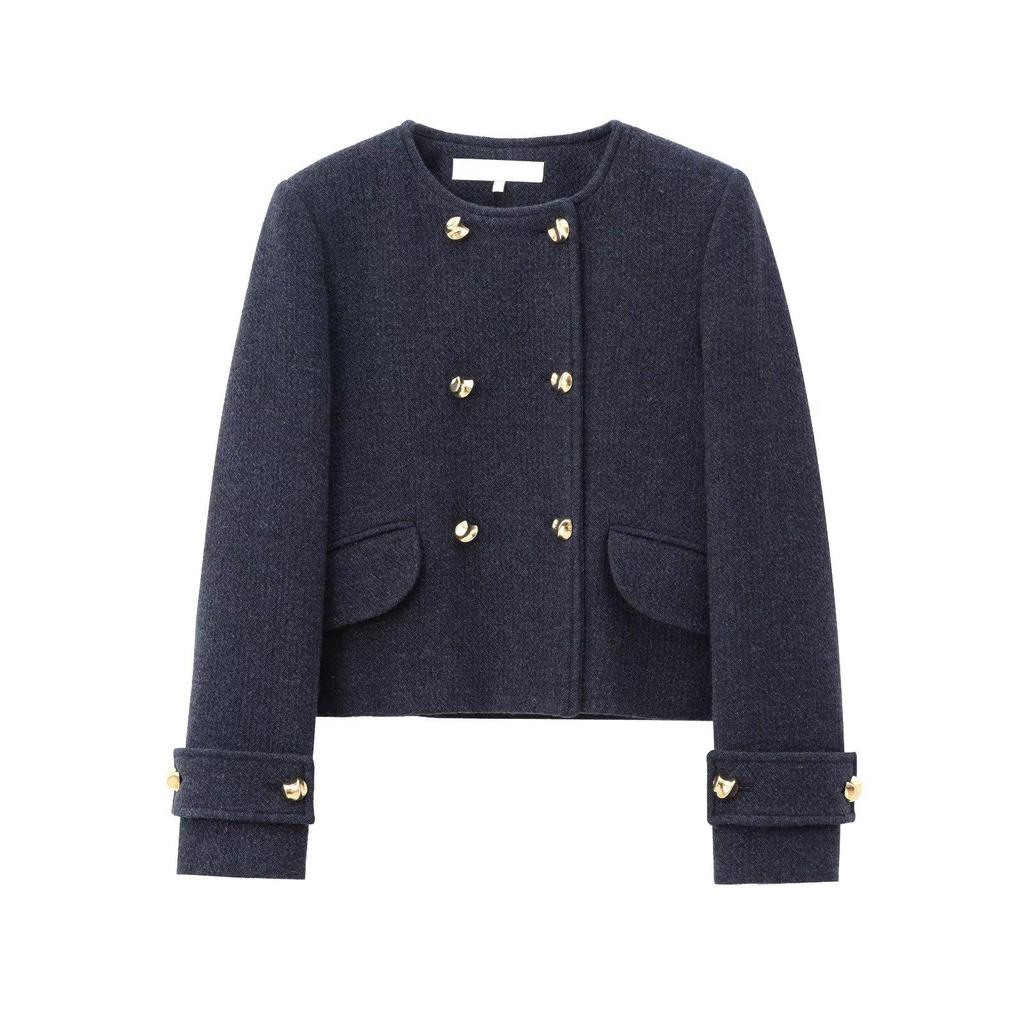 2024 Winter Women's European & American Style Double-Breasted Jacket with Cape Skirt - Little Fragrance, Round Neck