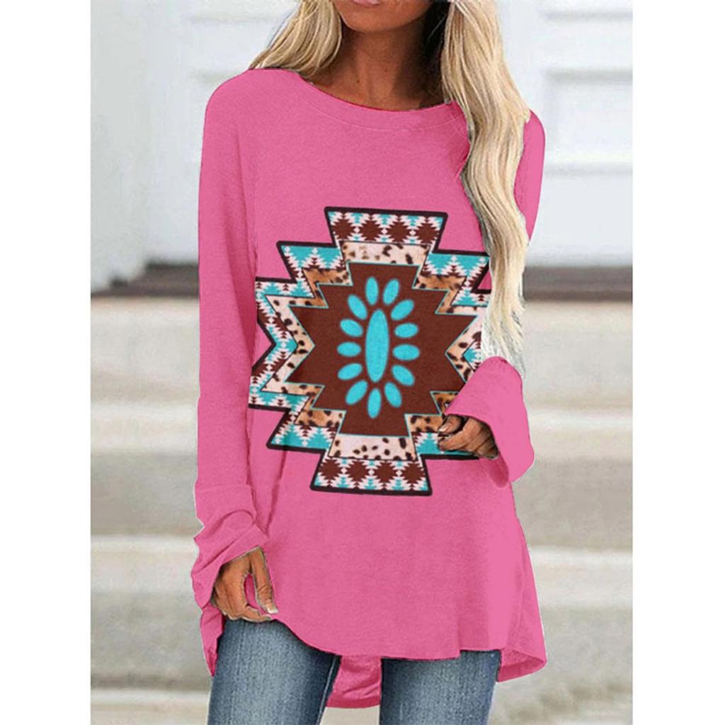 Western Aztec Ethnic 3D Print Langermede T-skjorter Bohemian Women Vintage Fashion T-skjorte Oversized Streetwear T-skjorter for kvinner Topper