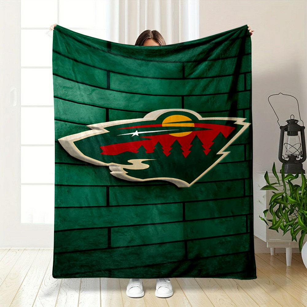 "Wild Nature Emblem on Green Background" Patterned blanket, flannel, suitable for all seasons, home decor, warm and cozy