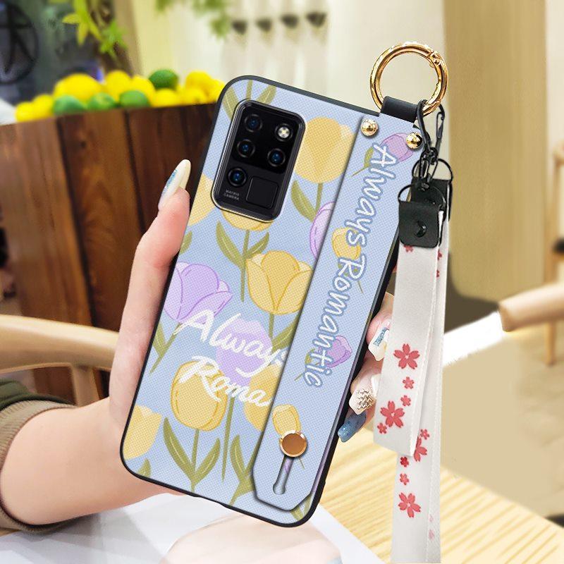 Waterproof Durable Phone Case For Oukitel C21 Wristband Wrist Strap Shockproof Silicone Kickstand Protective Ring Flower