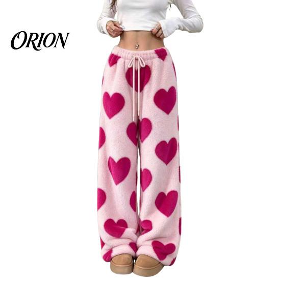 Soft Drawstring Sleeping Trousers Women Fuzzy Pants, Heart Print Wide Leg Pajama Bottoms with Elastic Cozy Winter Home Pants Waist Drawstring,
