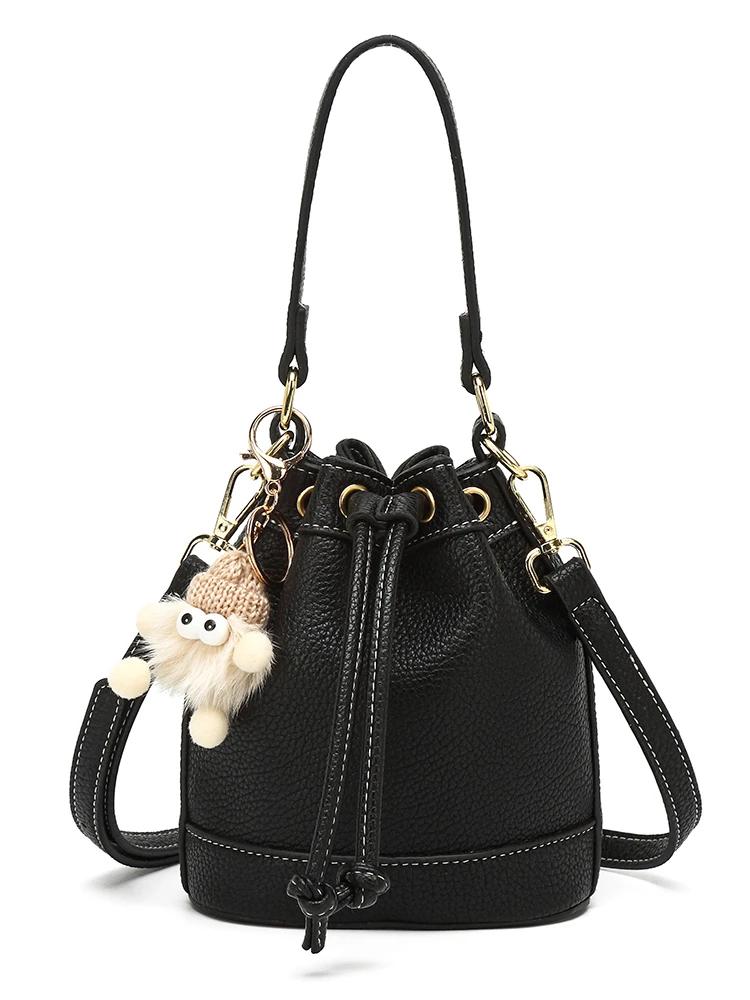 Solid PU Sweet Advanced Sense Niche Design Bucket Bag Casual Large Capacity Versatile Drawstring Women's Handbags
