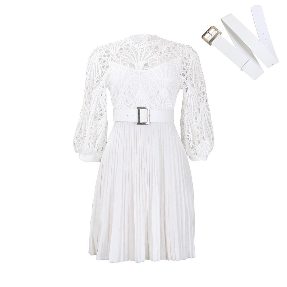 2024 Pure Color Lace Hollow Pleated Women's Dress - European and American Style