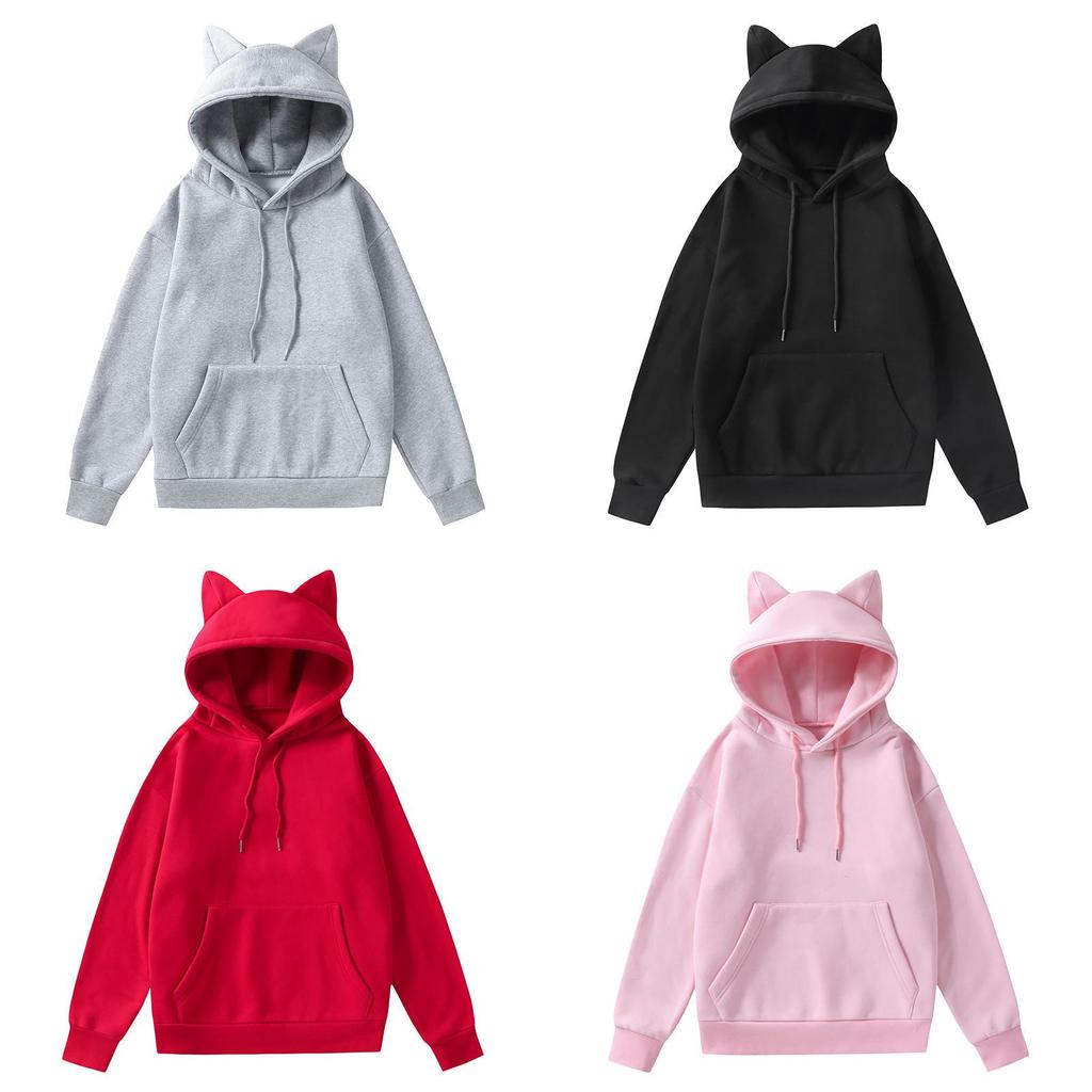 Felpa Base con Orecchie da Gatto da Donna con Scollo a V e Tessuto in Poliestere per Uso Casual Primaverile