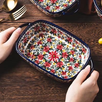 Creative Exotic Daisy Embossed Handle Ceramic Baking Pan Bowl Cheese Baked Rice Tableware Binaural Oven