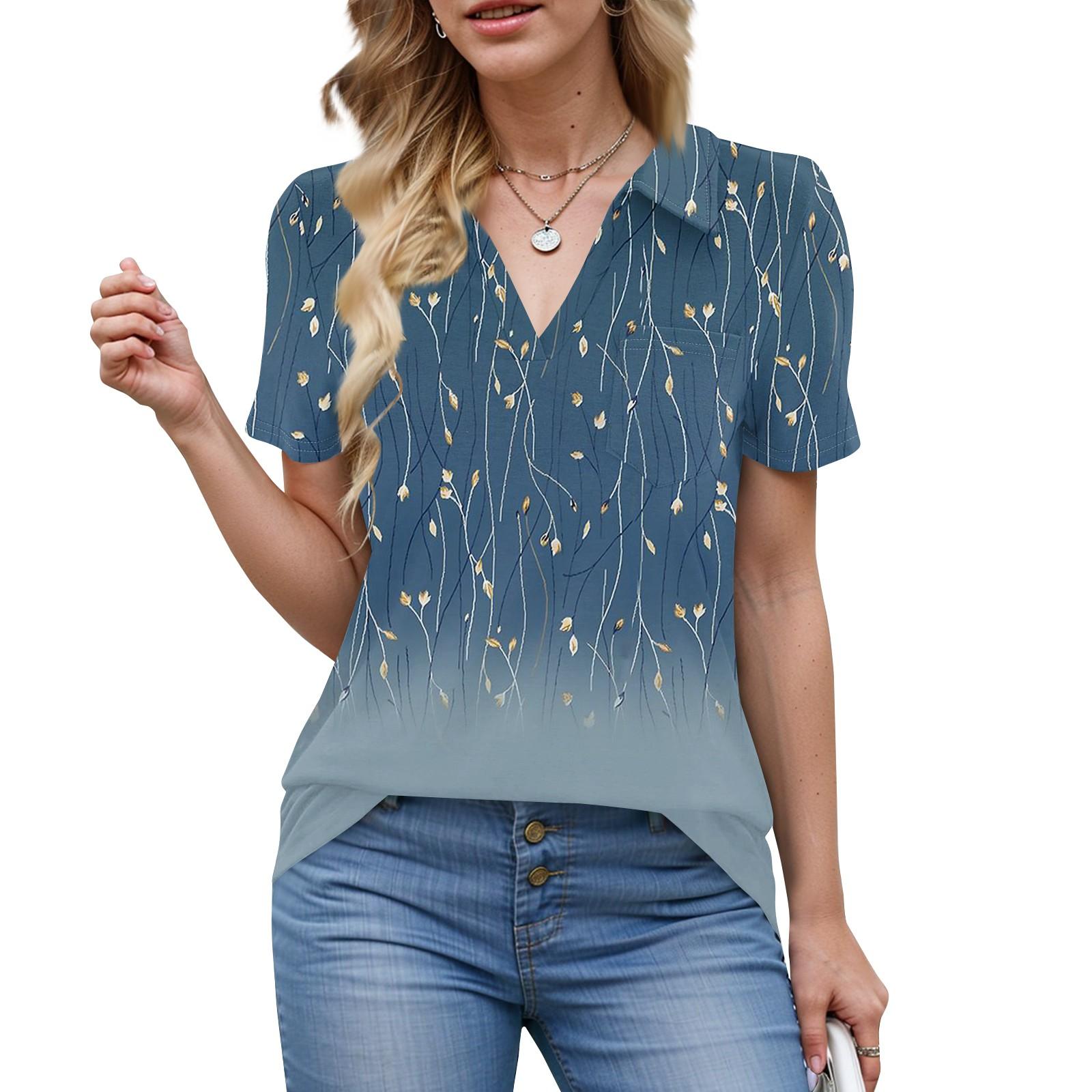 

Женские рубашки, летние деловые повседневные рабочие топы с коротким рукавом, застегивающиеся на пуговицы, воротник, V-образный вырез, блузка, футболка L тёмно-синий