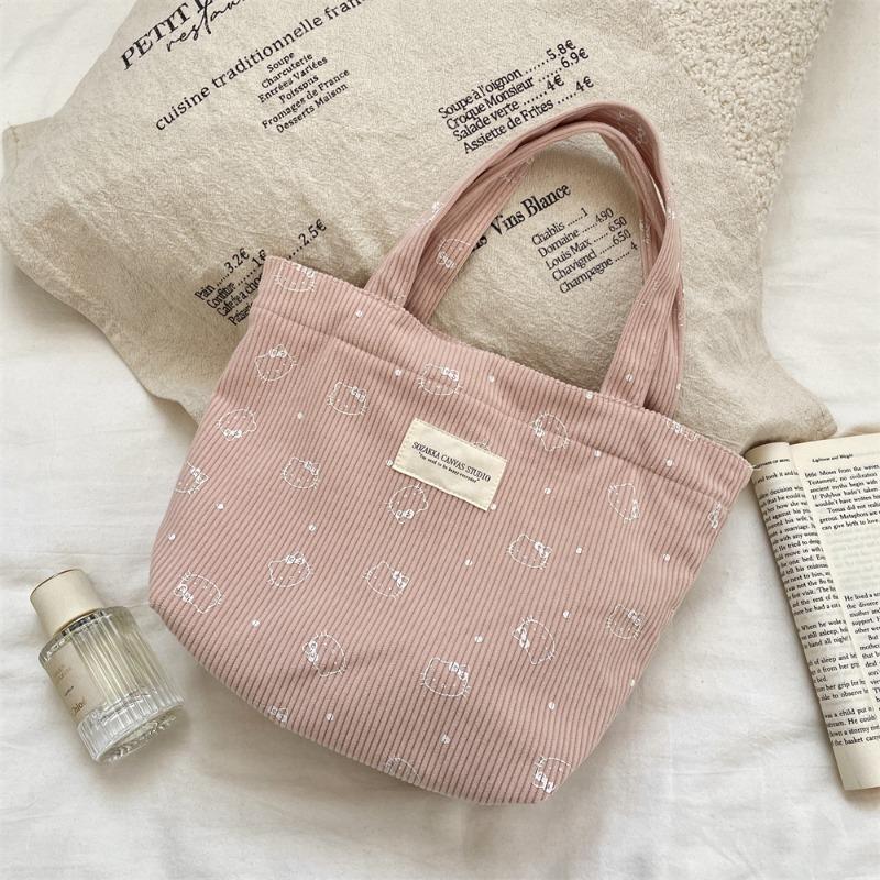 Corduroy Floral Handbag, Simple Tote Bag for Work, Lunch Bento Bag, Shopping Bag