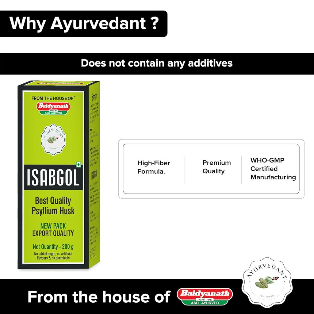 Baidyanath Ayurvedant Isabgol Psyllium Husk Powder 200 Gm Pack of 1 High-Fiber Supplement for Smooth Digestion