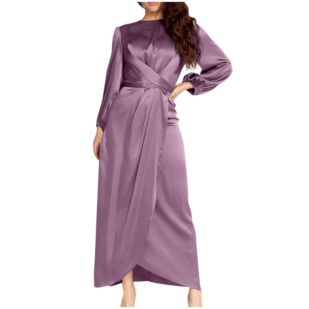 Women's Fashion Solid Color  Long Sleeve Satin Soft Waist And  Dress