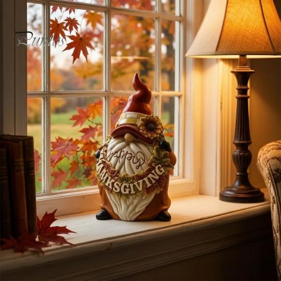 Waterproof Gnome Ornament Happy Thanksgiving Figurine, Sunflower Maple Leaf Statue, Cartoon Statue Dwarf Sculpture for Harvest Autumn Table