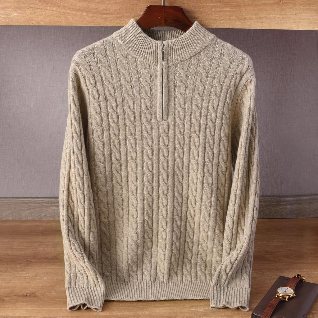 Men's Plus Size Cashmere Sweater - Half High Neck, Zipper, Business Casual Knit for Autumn/Winter