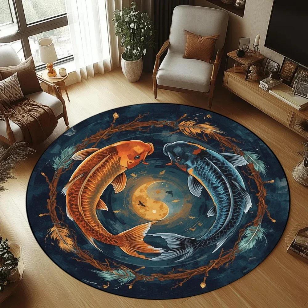 Round Area Rugs Two Koi Fish Oriental Art Floor Mat Carpet Non-Slip Machine Washable Kids Play Living Room Hall Bedroom
