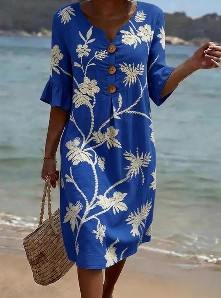 In-Stock Women's Floral V-neck Button Cotton Linen Dress