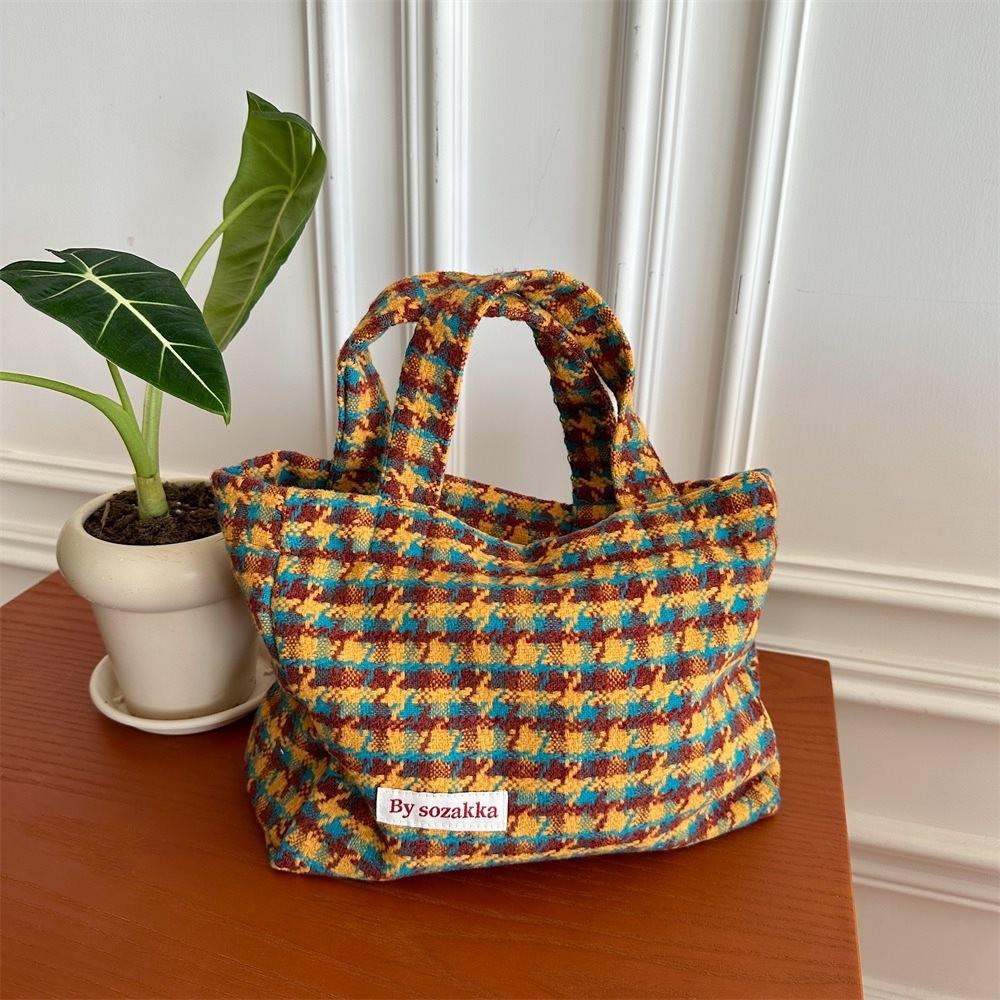 

Stylish Large Capacity Tote Bag For Women In Trendy Houndstooth Design With Soft Wool Fabric Yellow Checkered